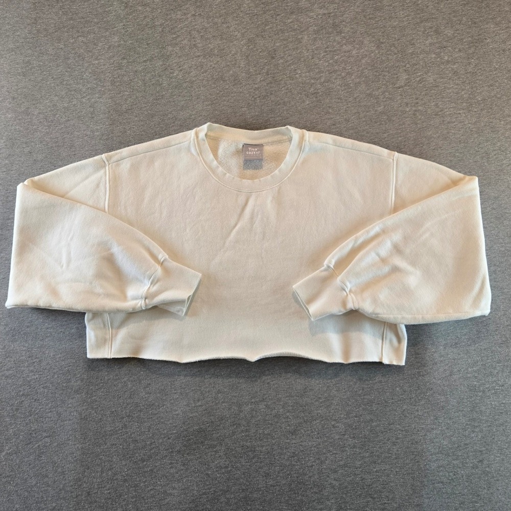Tna Sweatshirt Women 2 Cream CozyAF Fleece Cropped Raw Hem Relaxed Pullover